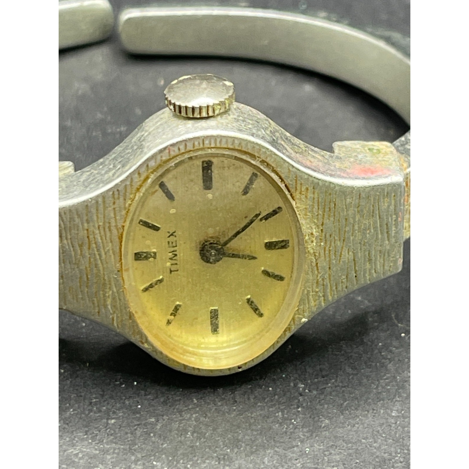 Vintage Timex Watch Women Silver Tone Oval Dial Cuff Band Manual Wind 20mm